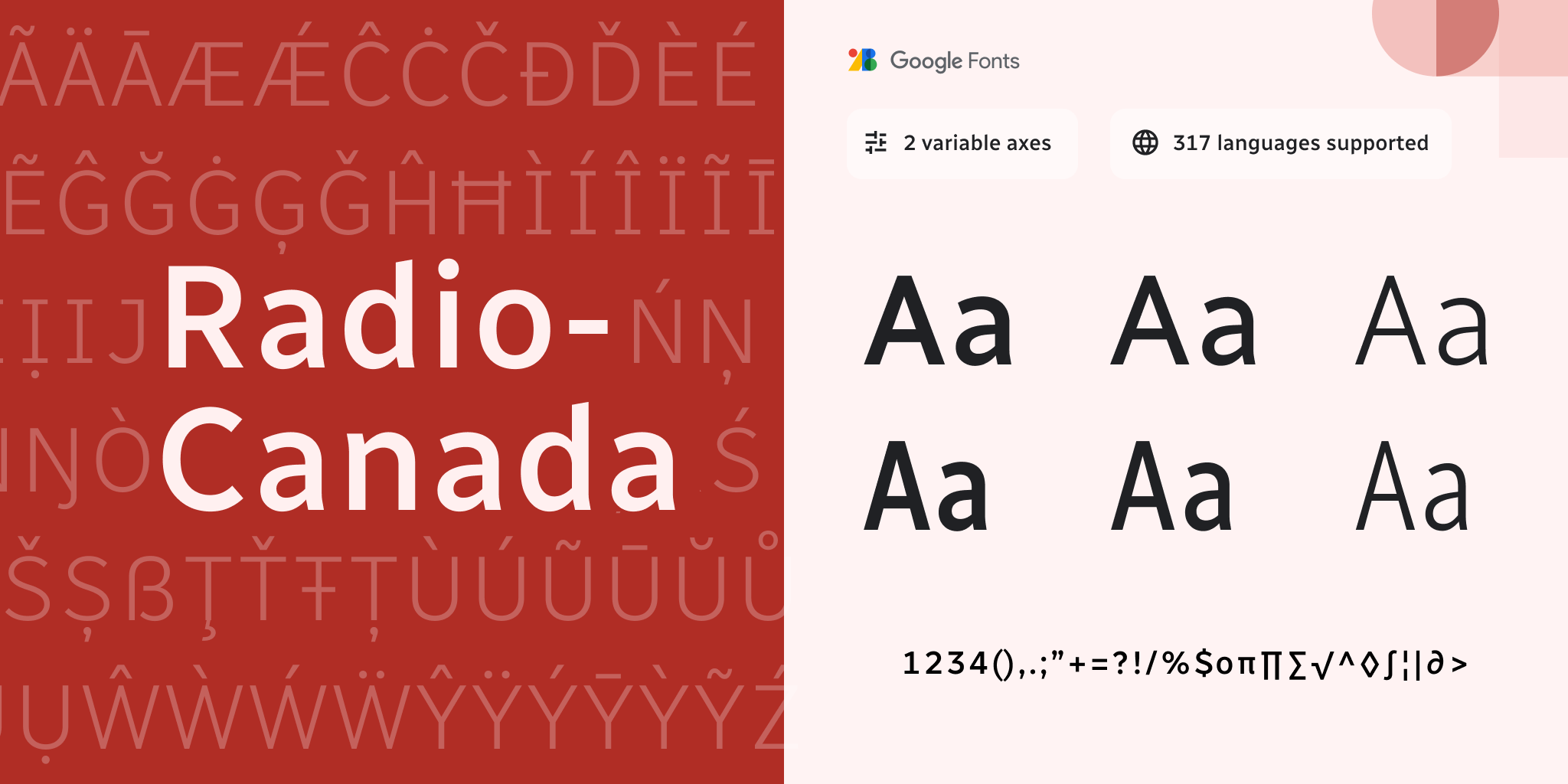 caractères typographiques de la police Radio-Canada, supportant deux axes variables et 317 langues.