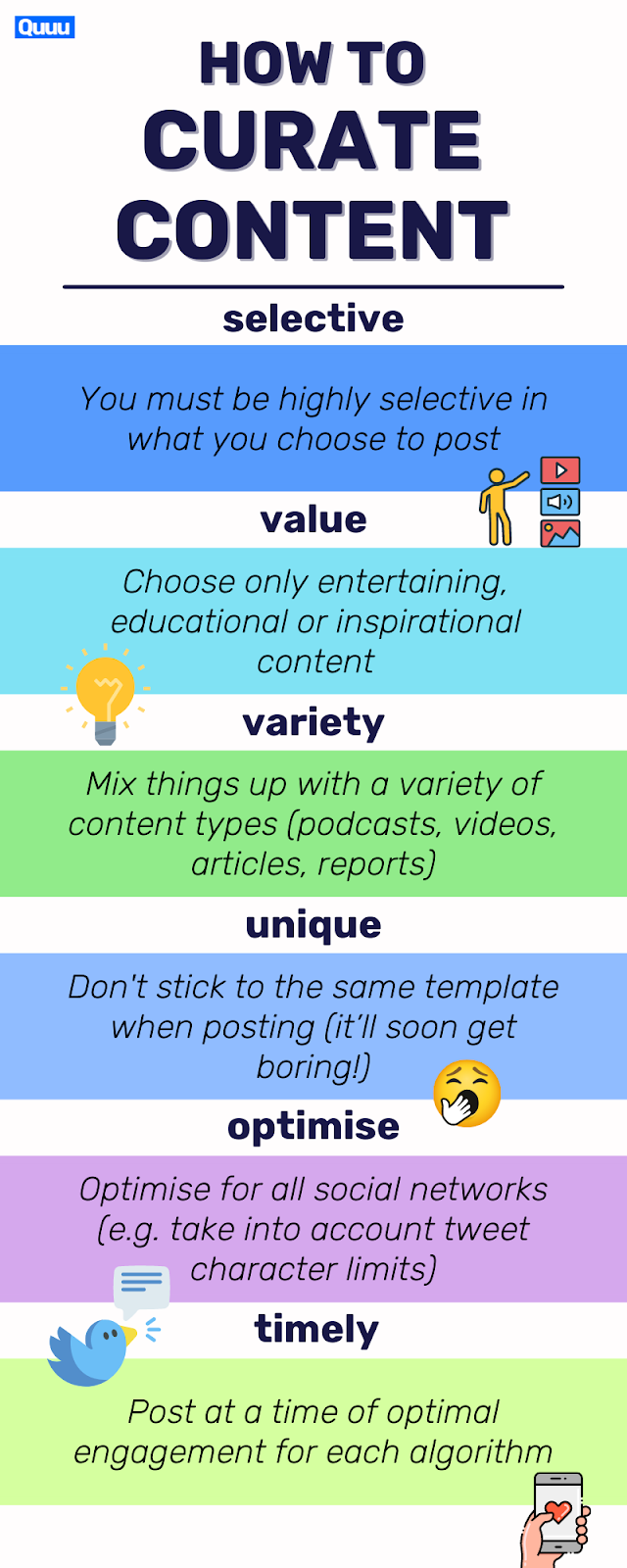 How to curate content effectively in your content strategy:

Be selective
Choose valuable content
Mix it up
Be unique
Optimize for all social networks
Make it timely