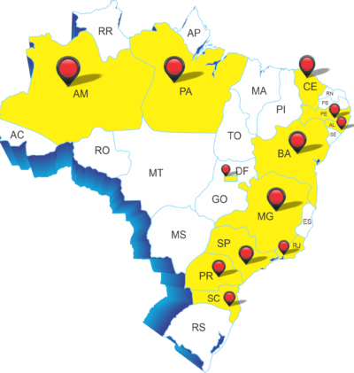 Imagem do mapa do Brasil com as marcações dos estados que têm unidades da Bono Pneus