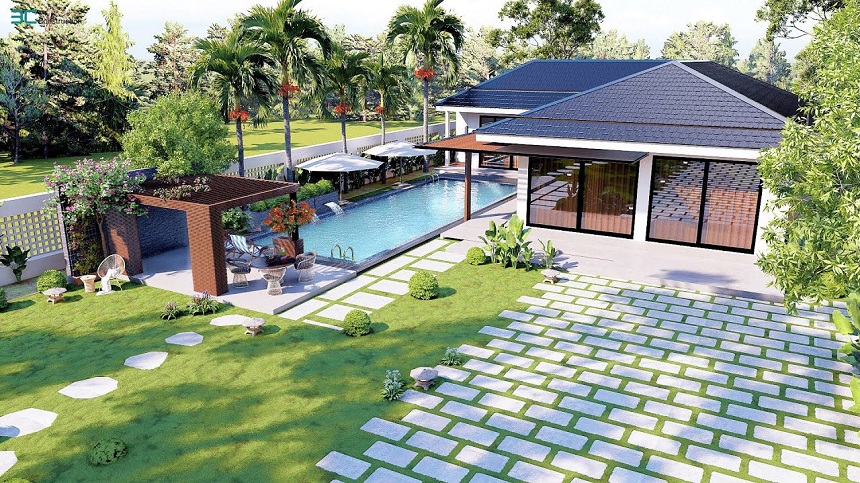 Thiết kế nhà vườn nghỉ dưỡng hiện đại với tôn lợp xanh dương mang lại cảm giác thư thái