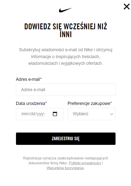 Welcome pop-up z formularzem zapisu na listę mailingową – Nike