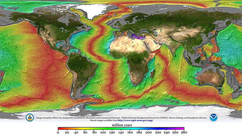 The nearly continuous, global mid-ocean ridge system snakes across the Earth's surface like the seam on a baseball. It is clearly visible on this map of global topography above and below sea level. The ridge system forms the longest and largest mountain range on Earth, winding its way between the continents.