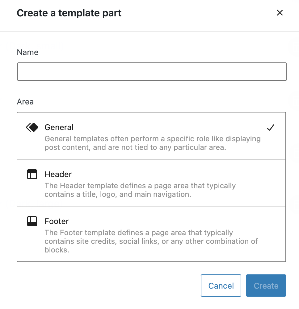 The options when creating a template part.