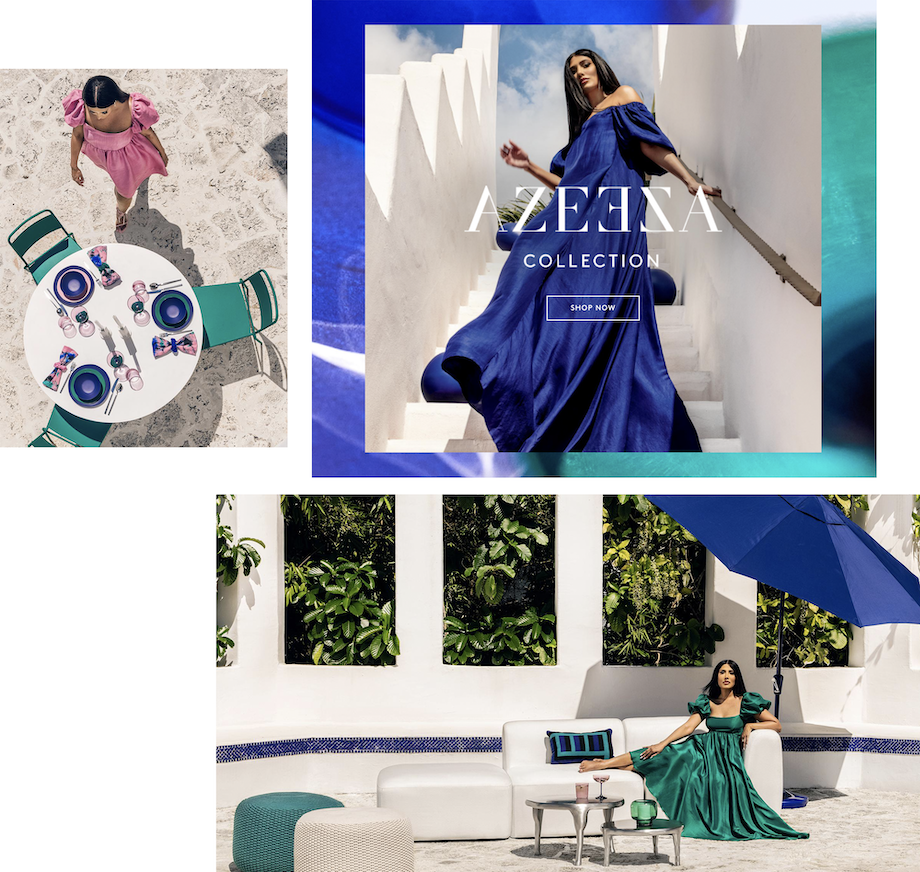A screenshot of an online advert for the fashion brand, Azeeza. Portrait photographer Kirsten Miccoli too these creative editorial portraits of the model in colorful glamorous dresses.