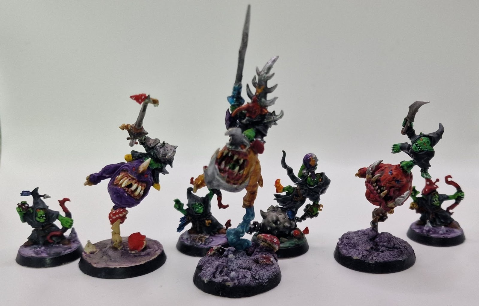 A small Grot Warband, 3 on squigs, 3 with bows and a fanatic