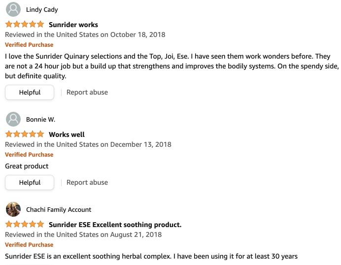 More Sunrider Ese reviews on Amazon are positive testimonials