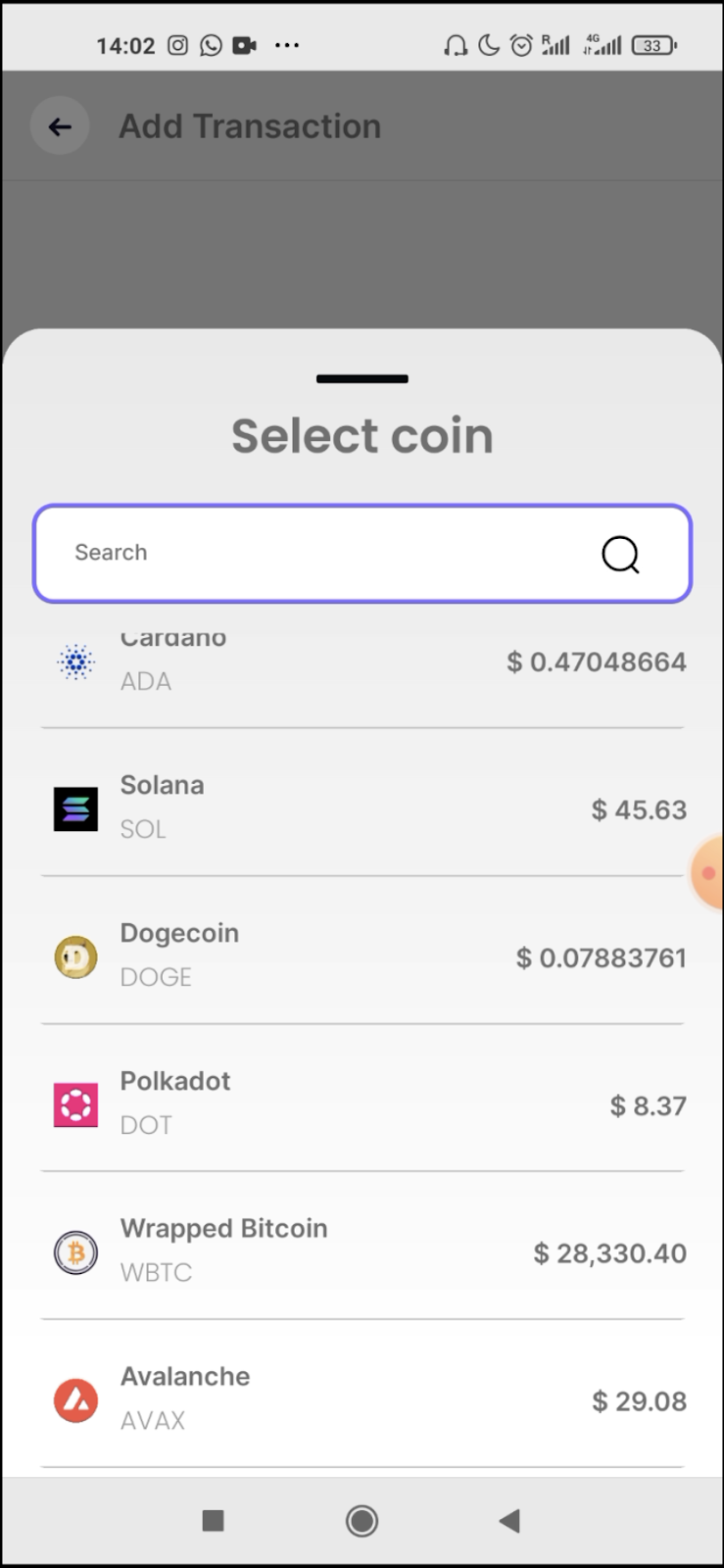 Select coins to add