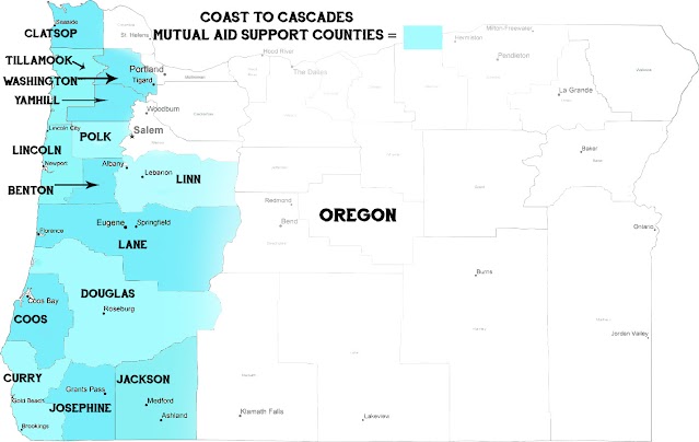 [image is a map of Oregon state with western oregon counties Coast to Cascades Mutual Aid is supporting in blue]