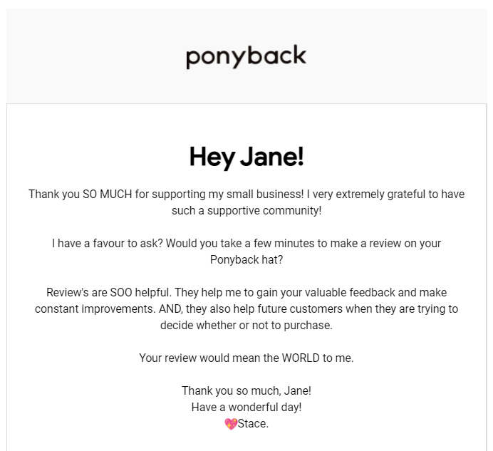 Ponyback Review Request Email