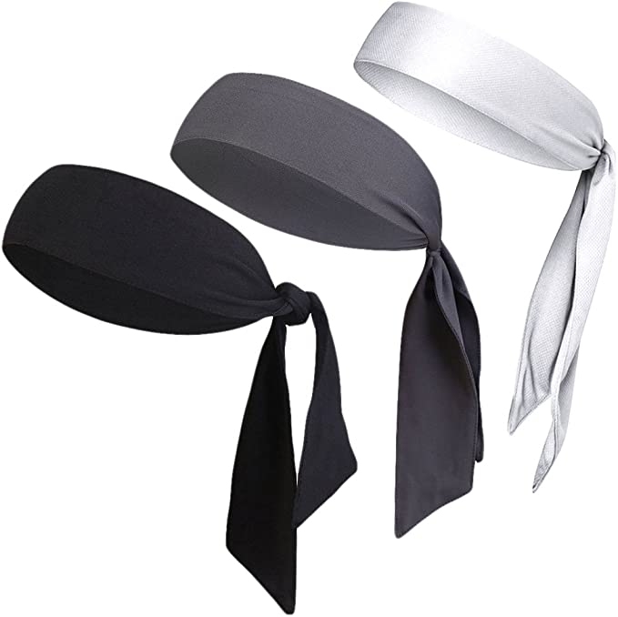 Dri-Fit Head Ties Tennis Headbands Sweatbands Performance Elastic and Moisture Wicking, Black/White/Gray, 3 Piece, One Size, 40.16”L/2.37" W