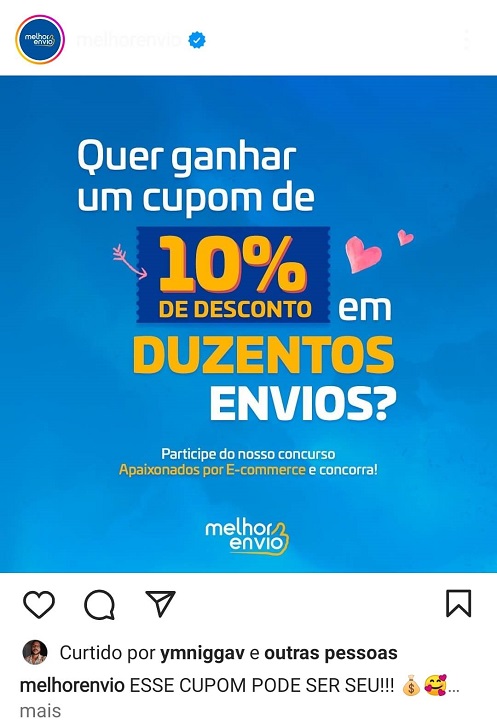 Print de uma publição do instagram melhor envio, fundo azul indicando promoção para ganhar 10% de desconto em 200 envios