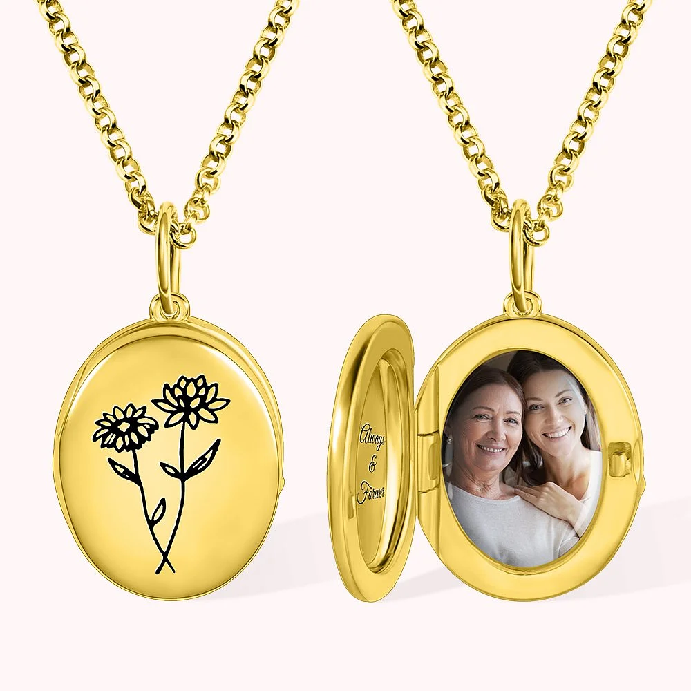Pendentif en or décoré d’une fleur avec système d’ouverture présentant un message et une photographie personnalisés.