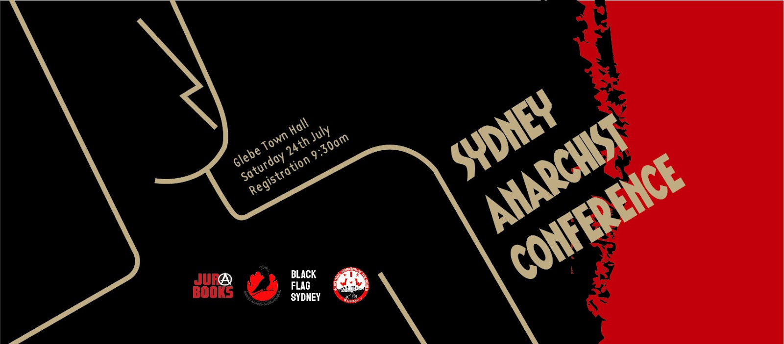 Graphic for an anarchist conference in Sydney featuring an outline of a person on a red and black background