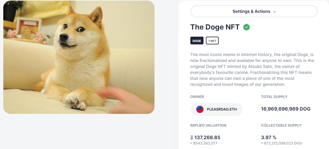 NFT символа Dogecoin оценили в $225 млн