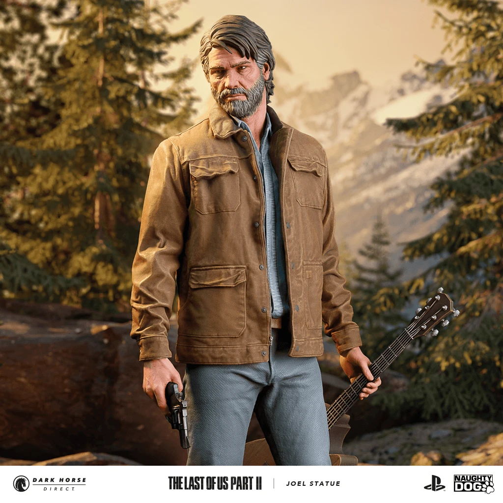 Statuette de Joel dans The Last of Us Part II dévoilée pendant le The Last of Us Day 2021. Il porte son revolver dans la main droite et sa guitare dans la gauche.