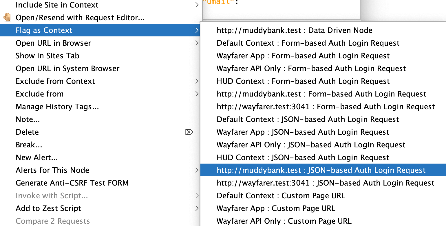 ZAP's context menu open, with the "Flag as Context" submenu open, and the option for "muddybank.test - JSON-based auth login request" highlighted.