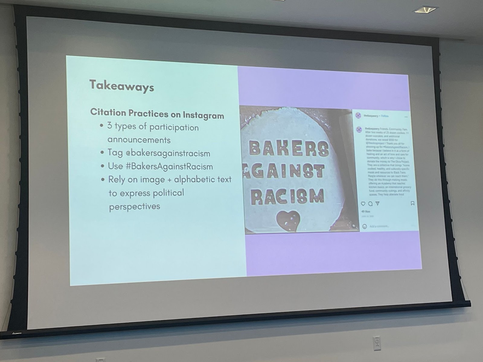 Beardsley’s slide shows Bakers Against Racism instagram post and summarizes citation practices used by the bakers.