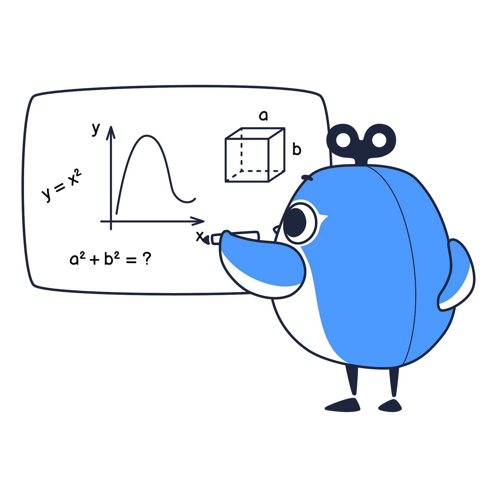 Personagem pássaro fazendo equações matemáticas sobre Axie Infinity