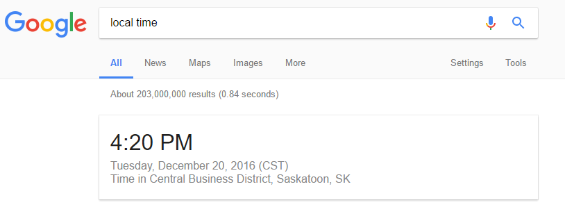 Screenshot of search result for “local time”