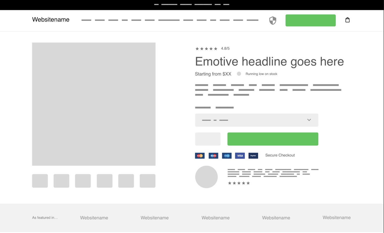Wire frame for landing page above the fold section