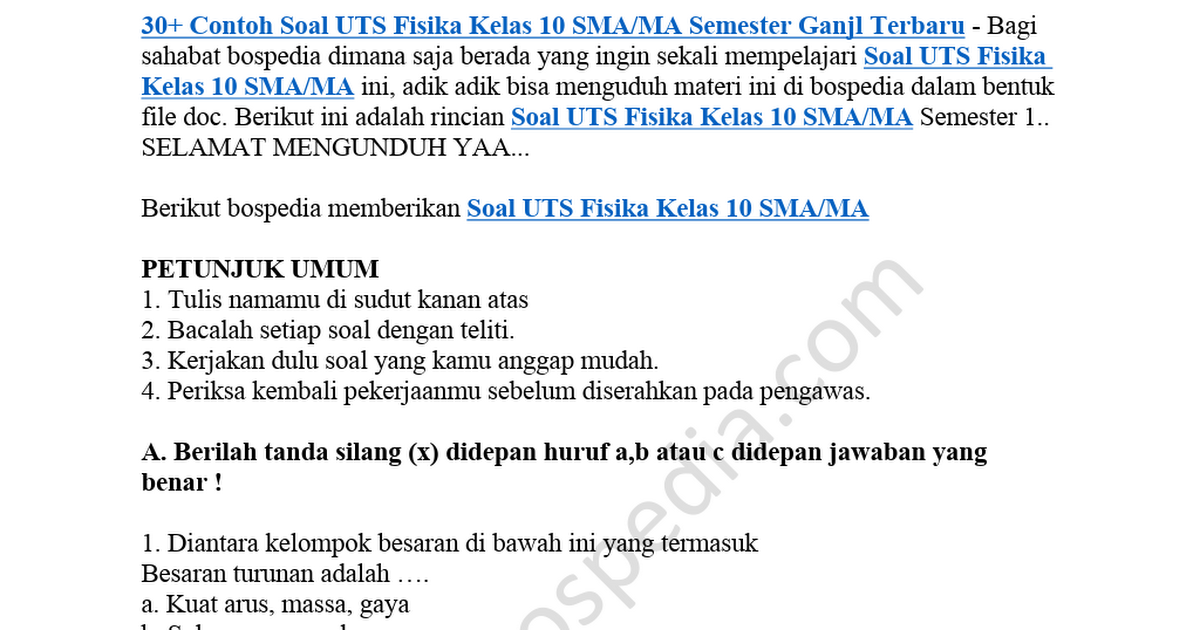 Ruang Belajar Siswa Kelas 6 Contoh Soal Fisika Kelas 10 Semester 1