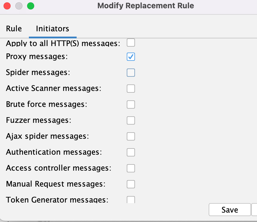 Replacer's replacement rule initiators tab, with only "Proxy messages" checked.