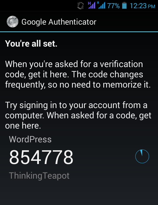 Conta bem-sucedida do Google Authenticator no Android