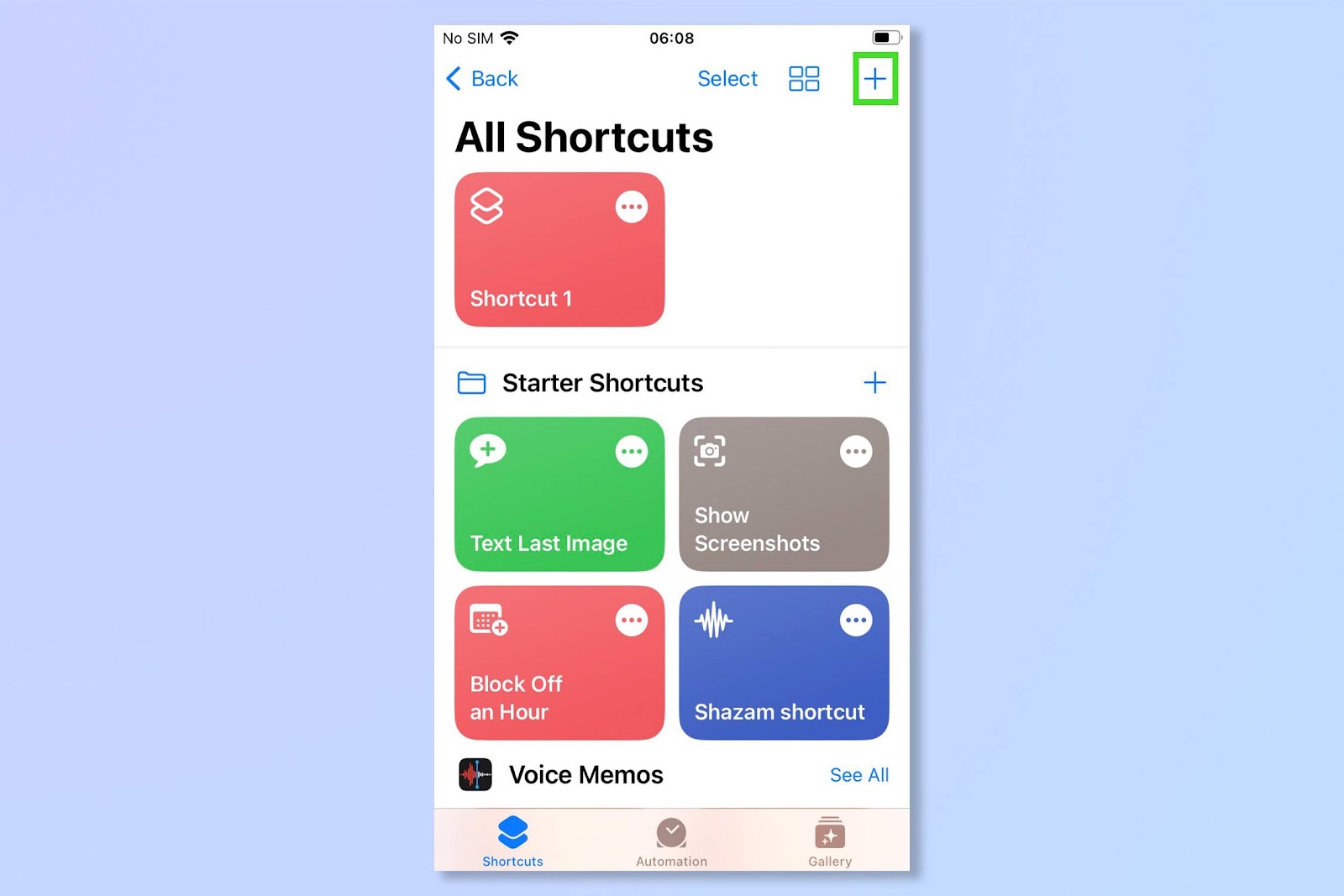 The second step to using overlay images on iPhone, the shortcuts screen