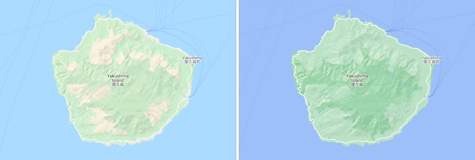 緑がより鮮明になった屋久島の航空地図の画像。