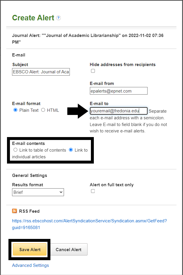 Screenshot of an EBSCOhost database with an arrow pointing to the email text box