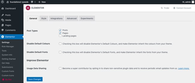 Elementor added to sidebar in WordPress dashboard to configure back end