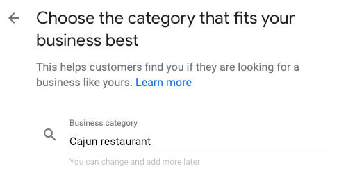 google my business for restaurants category