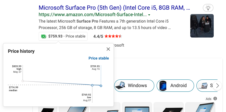 Screenshot of the price history graph for the Microsoft Surface Pro.