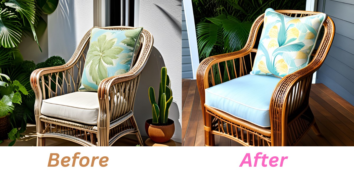 Before and after pictures of restored outdoor rattan chair