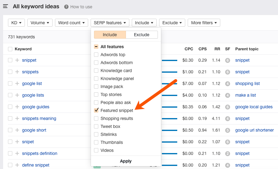 find featured snippets in ahrefs
