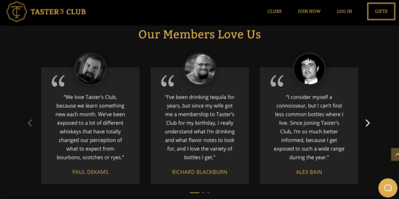 A screenshot of customer testimonials on Taster' Club's landing page.