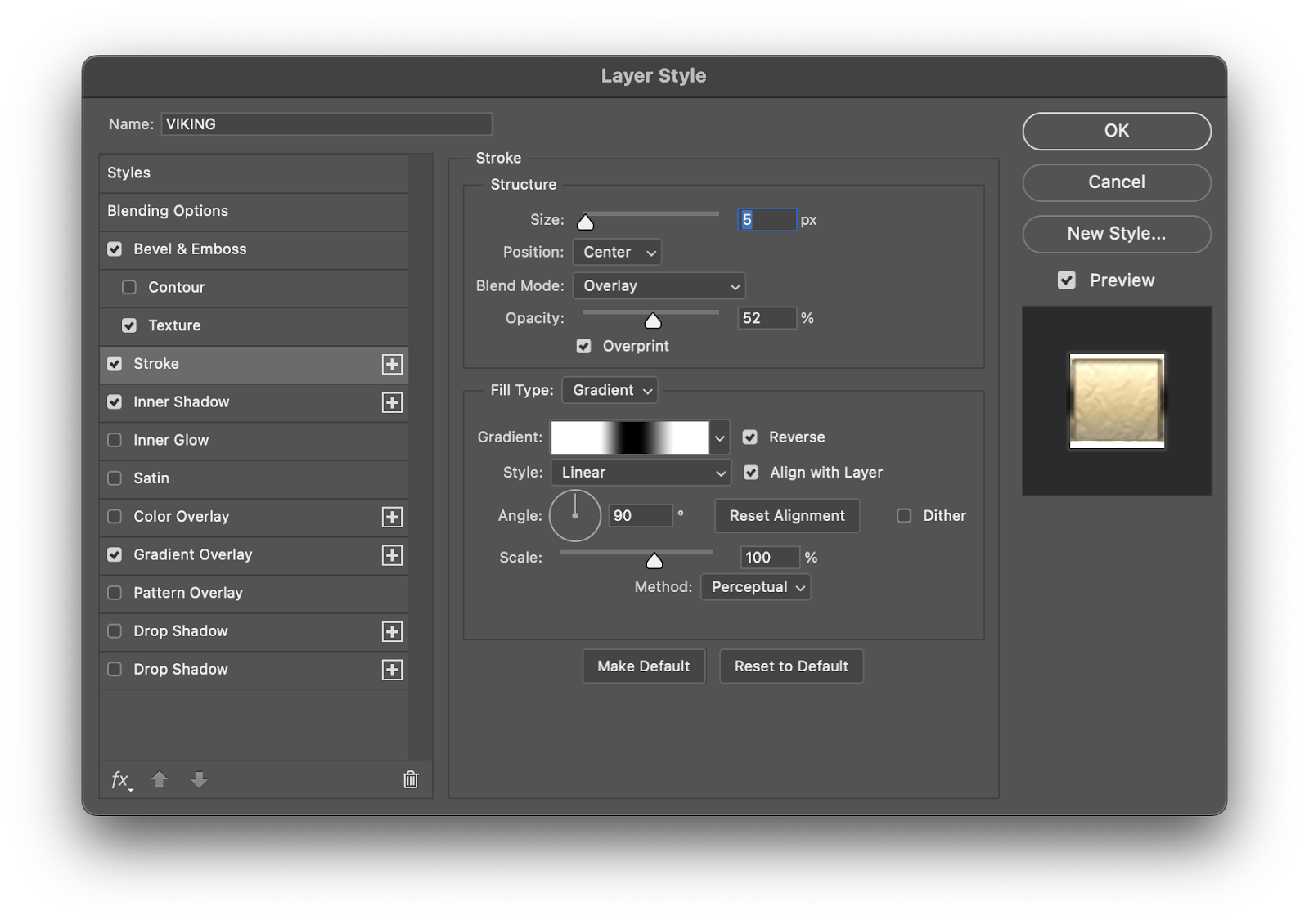 Image from the Photoshop Tutorial on how to create a simple and scalable gold effect with layer styles