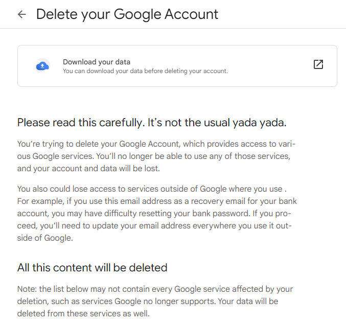 Terms and conditions for deleting your Google Account