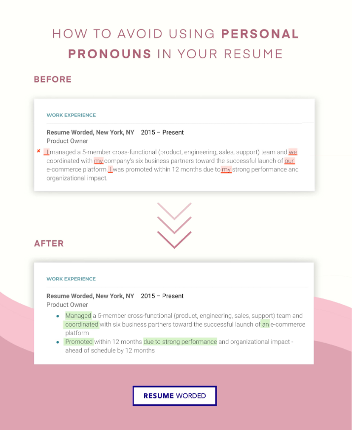 Example of how to rewrite sentences without pronouns to fit on a resume