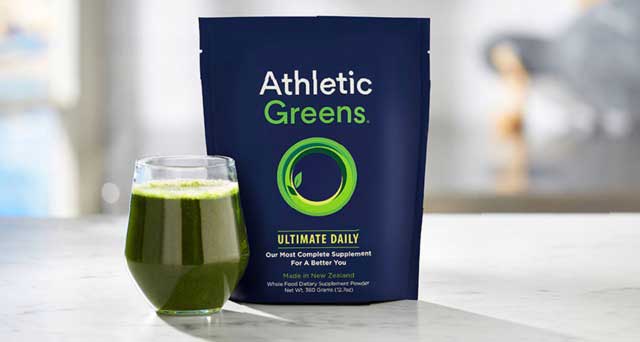 Athletic Greens pouch and glass
