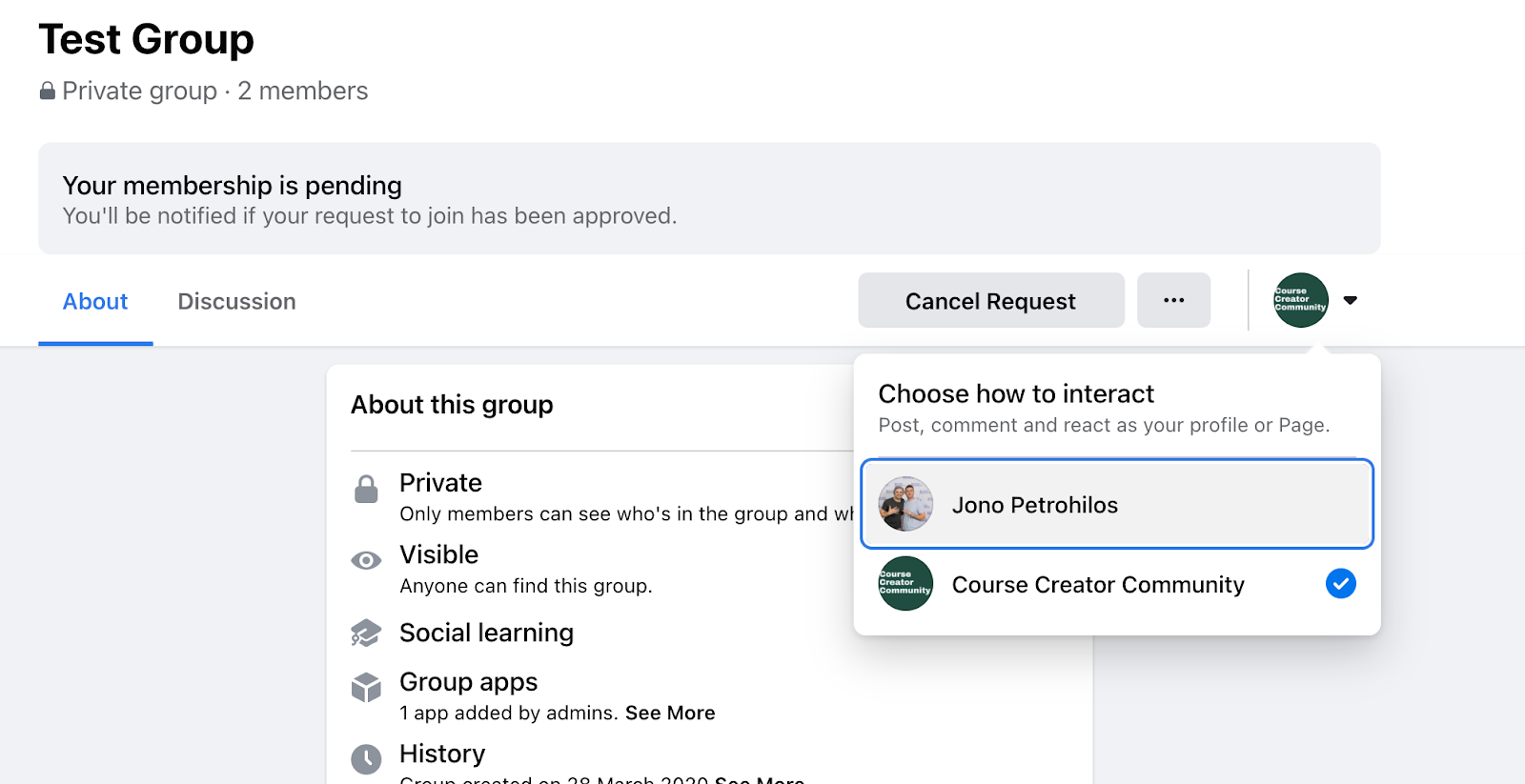 Step 1: Click your Pages display image and a drop-down menu will appear asking how you want to interact, select your Personal Profile