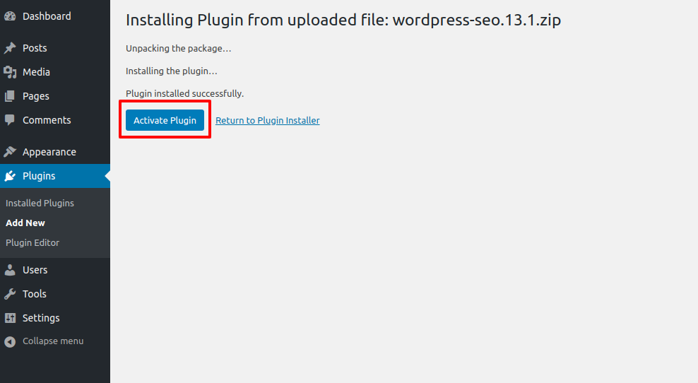 wordpress plugins activate installed plugin