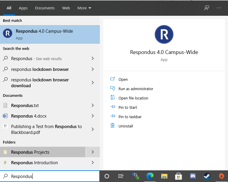 Screenshot of Windows search with Respondus in the search box