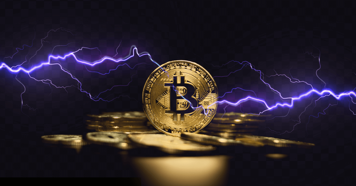 A stack of Bitcoins in the middle of lightning 