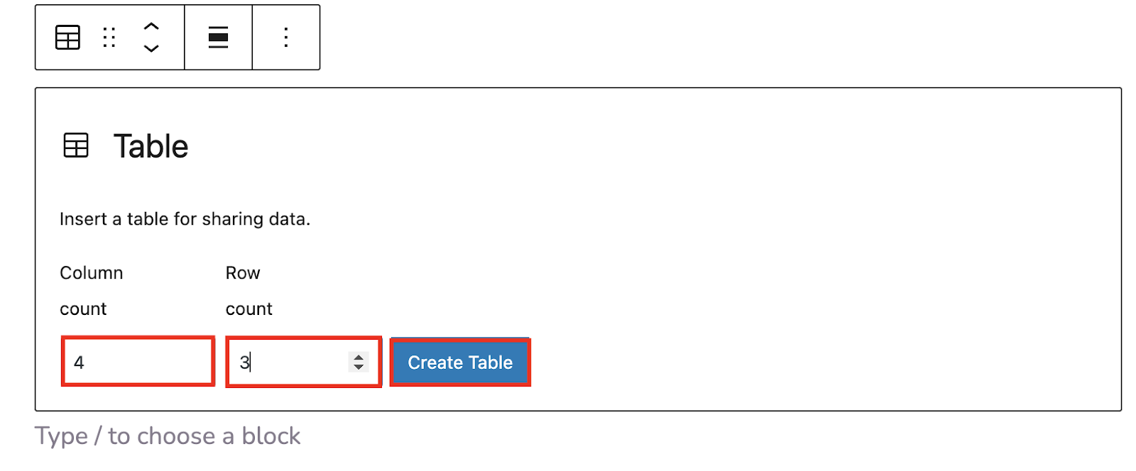 Select the number rows and columns 