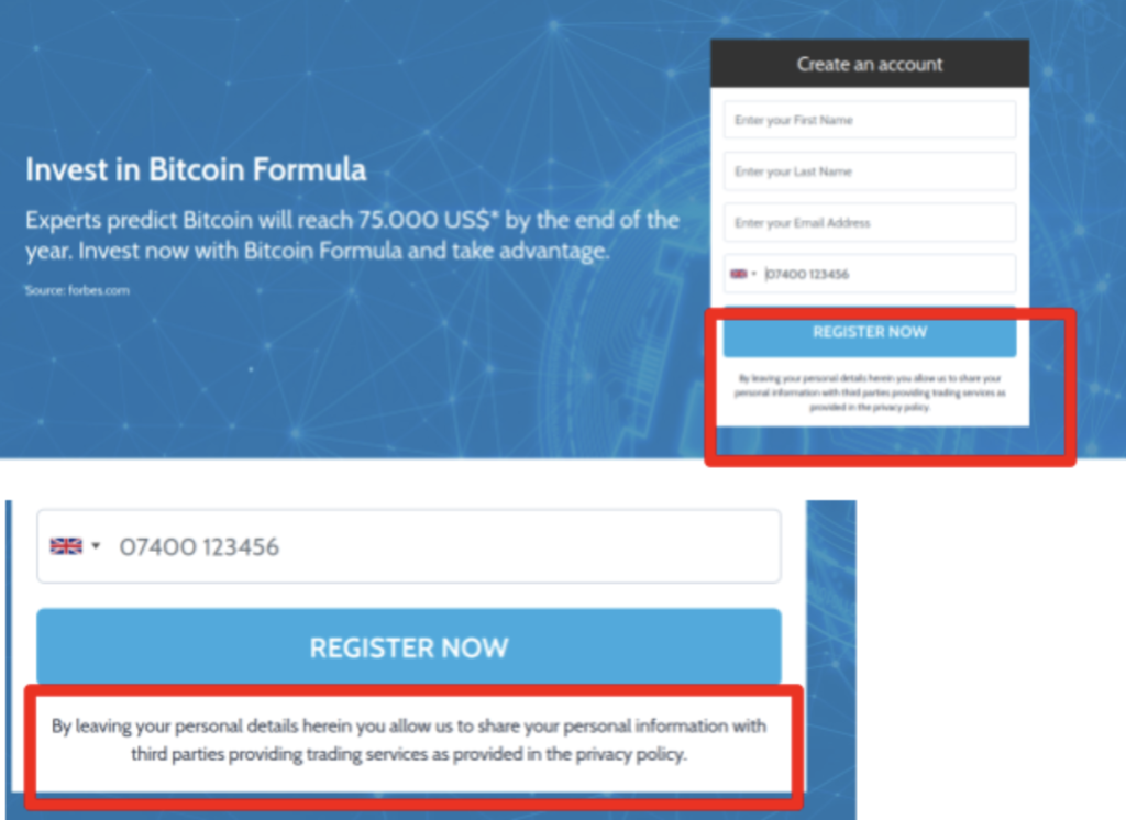 registreringsskjema for Bitcoin Formula