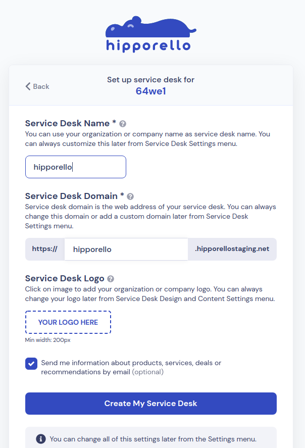 Setting up a new service desk by providing service desk name, domain and logo