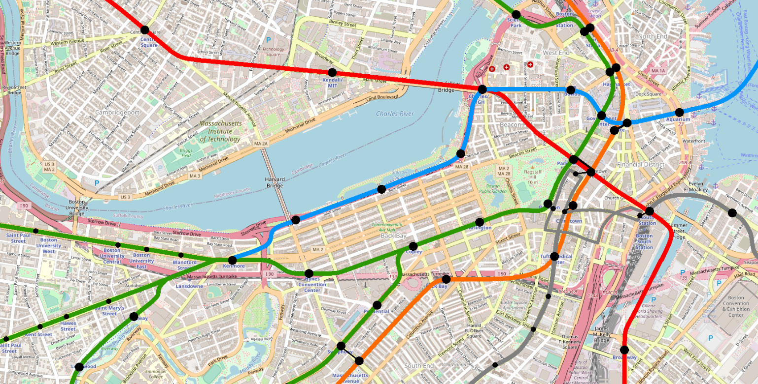 A map of the current MBTA rapid transit system, focused on Back Bay, showing the Blue Line extended to Charles/MGH along the Charles River to Kenmore, with stops at Arlington St (near the Hatch Shell), Exeter St, and Mass Ave