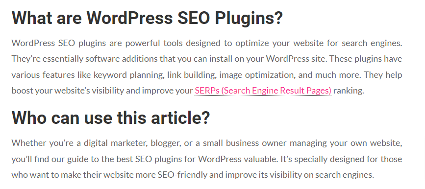 use of internal link, screenshot, explanation