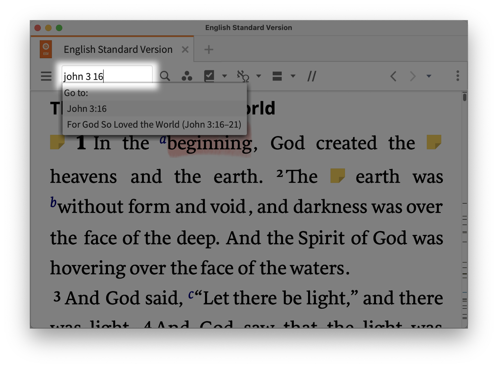 screenshot of John 3 16 entered in search box of Logos Bible Software